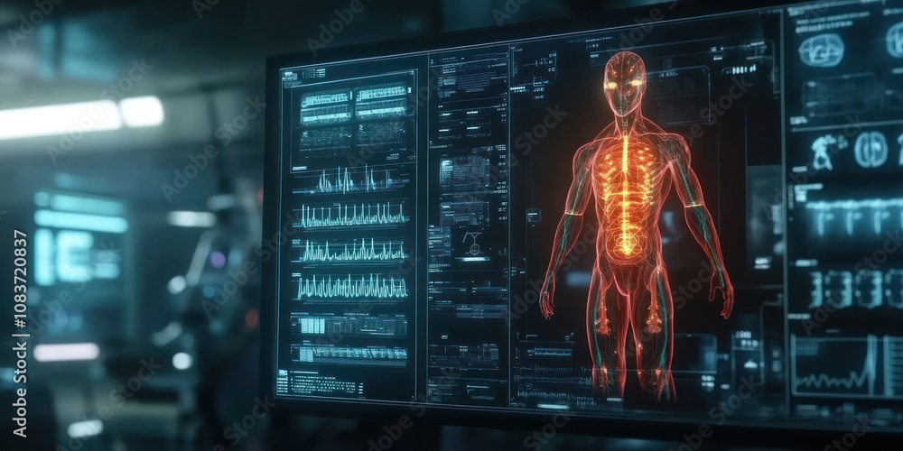 Poster Digital Screen Displaying Human Body with Glowing Nervous System and Data