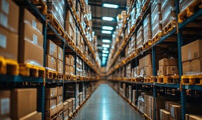 Fototapeta premium Rows of Cardboard Boxes Stacked on Metal Shelves in a Warehouse