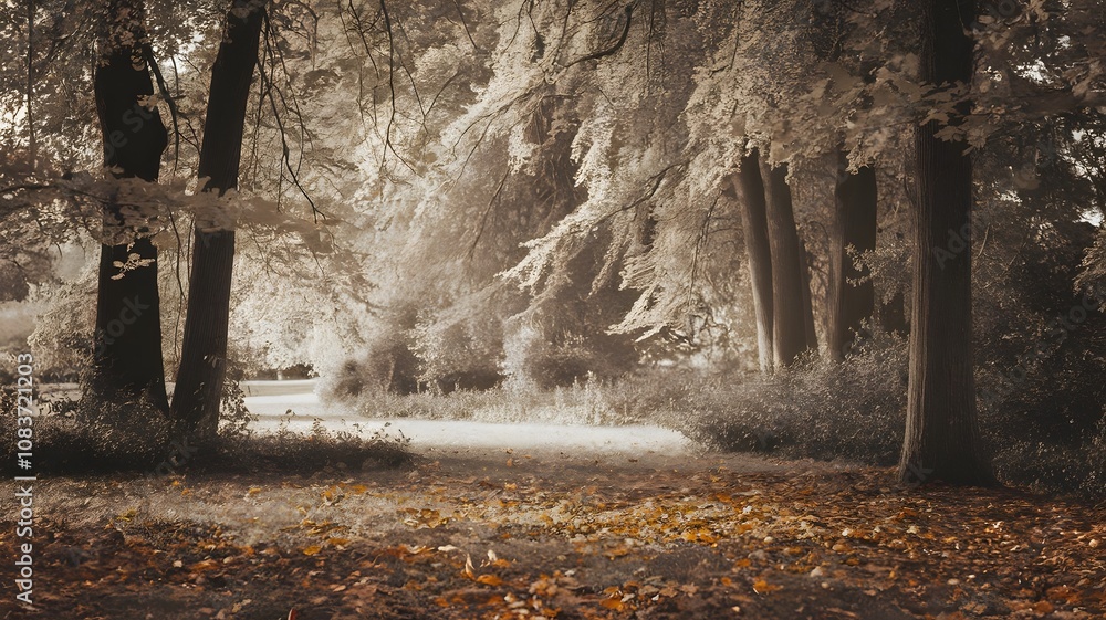 Poster autumnal park with fallen leaves and trees in the fog generated by ai