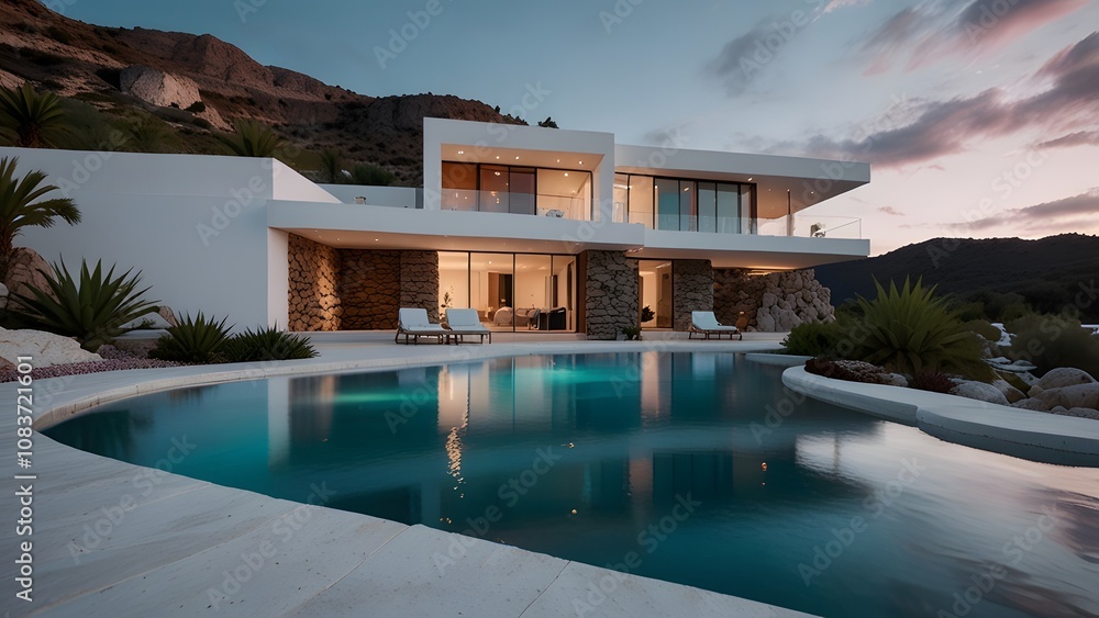 Poster 3d rendering of a luxury villa with a swimming pool and beach generated by ai