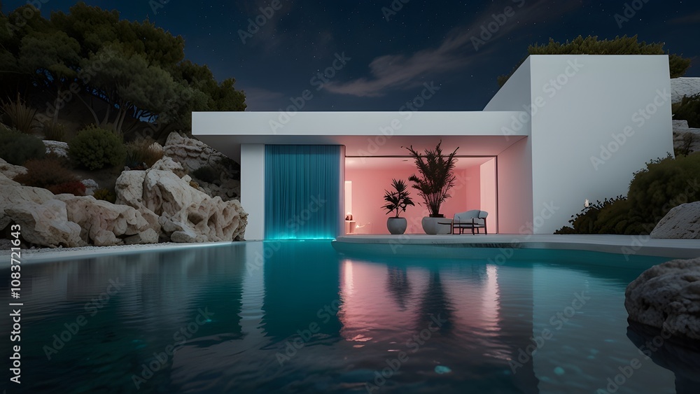 Poster 3d rendering of a luxury villa with a swimming pool and beach generated by ai