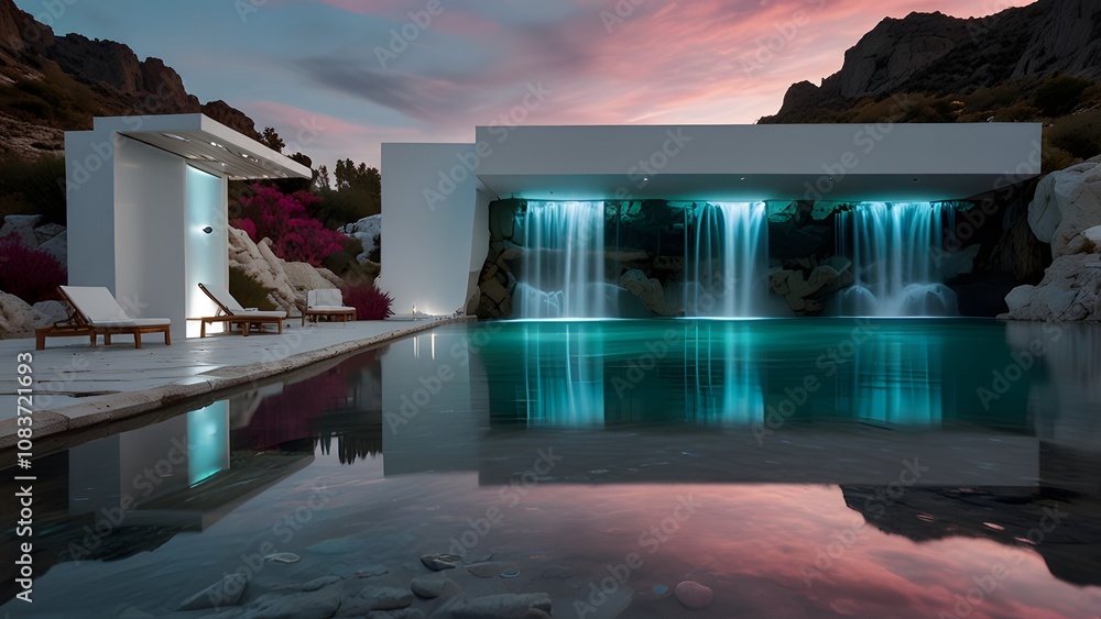 Poster 3d rendering of a luxury villa with a swimming pool and beach generated by ai