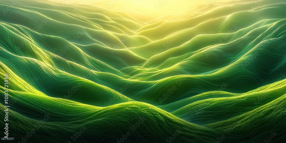 Poster sunlit green rolling hills with a pattern of lines
