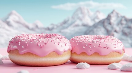 Pink Glazed Donuts Snow Mountain Dessert 3D Render