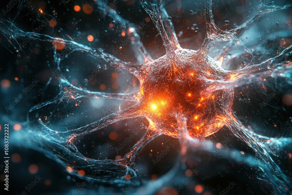 Poster a glowing neuron with intricate branches and bokeh lights