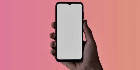 Caucasian White old male using smartphone with a blank white screen. Gradient, pink, orange apps mockup. Vertical phone orientation