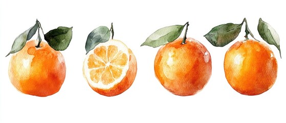 Watercolor Illustration of Four Oranges with Leaves