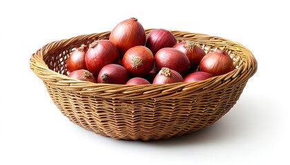 Obraz premium A wicker basket filled with fresh red onions