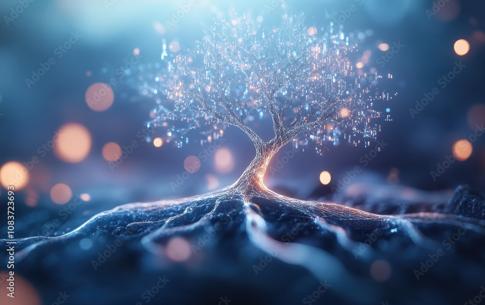 Poster cybernetic tree of life with glowing roots and digital elements, symbolizing connection and growth i