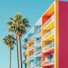 Hotel saguaro, palm trees and colorful architecture, Saguaro hotel, palm trees and colorful architecture in Palm Springs.