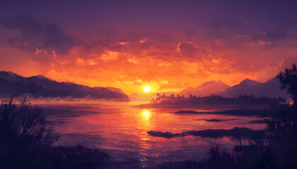 Panoramic sunset, with rich golden and purple tones filling the horizon