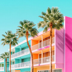 Fototapeta premium Hotel saguaro, palm trees and colorful architecture, Saguaro hotel, palm trees and colorful architecture in Palm Springs.