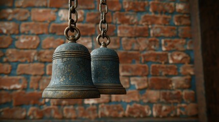 Obraz premium Antique Bells Hanging on Brick Wall 3D Render Vintage Rustic Metal Chain Church Decor Home Interior
