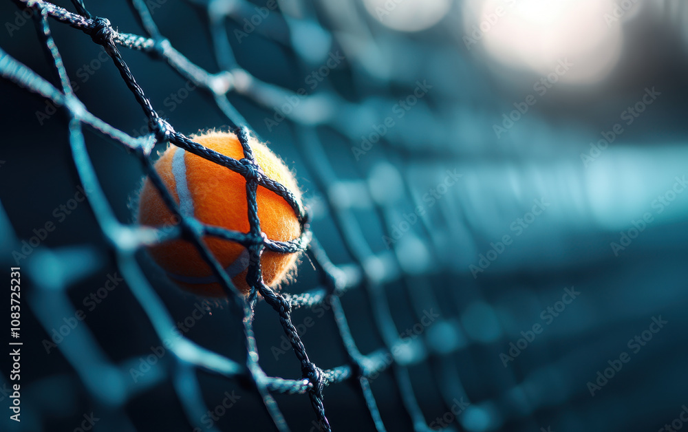 Aufkleber close up view of tennis net with blurred orange ball caught in mesh, creating dynamic and energetic 