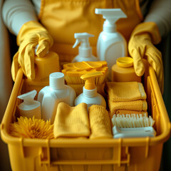 Cleaning supplies in yellow caddy with gloves and tools