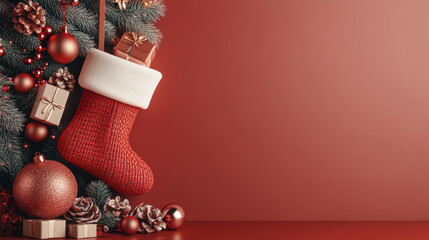 festive Christmas stocking hangs among rose gold decorations, gifts, and ornaments, creating warm holiday atmosphere