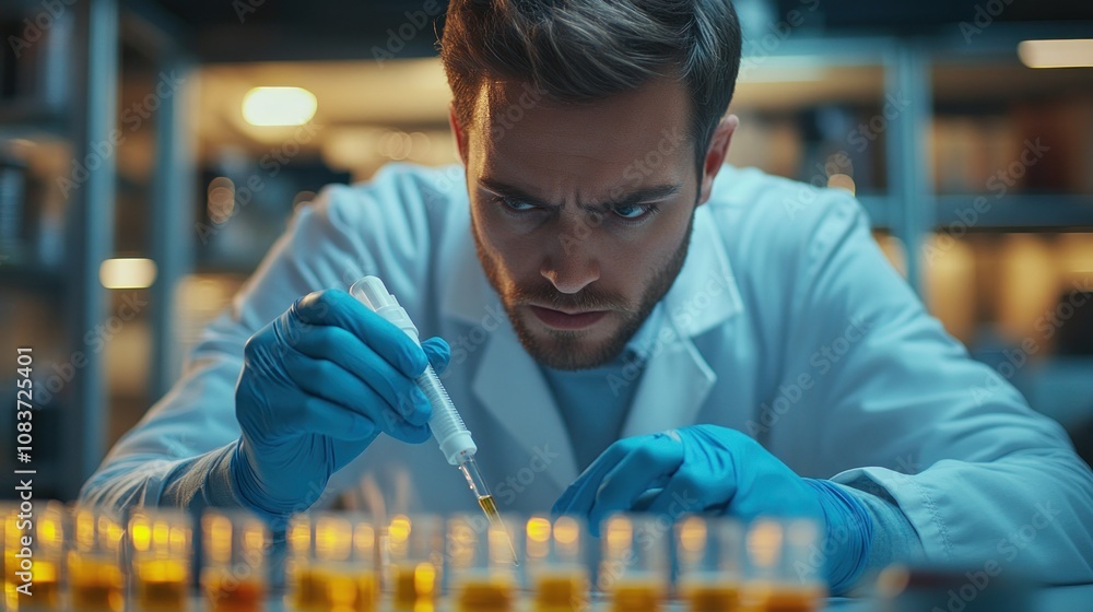 Poster a concentrated scientist using a pipette to transfer liquid into test tubes