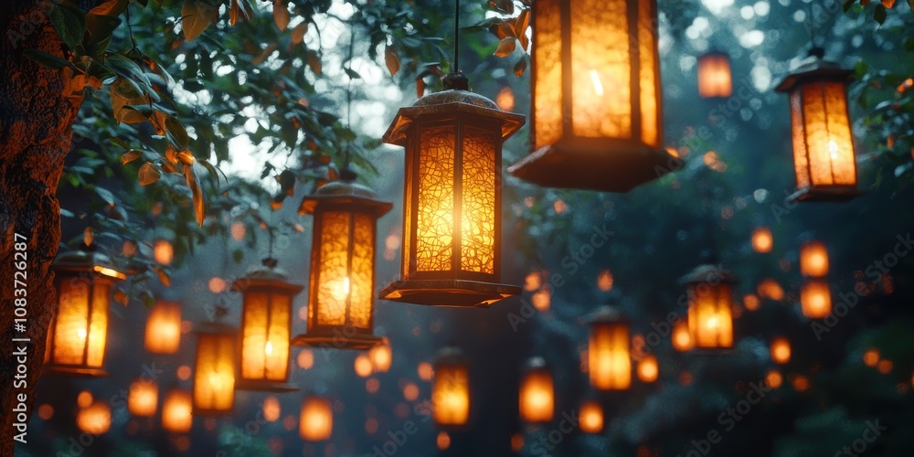 Aufkleber illuminated lanterns hanging from a tree branch at night