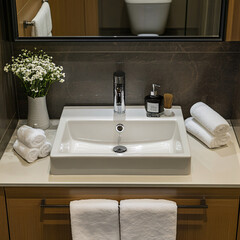 Fototapeta premium Top view of hotel bathroom with sink accessories and vanity setup, 3d rendering, Top view of luxury hotel bathroom interior with sink and mirror, accessories.