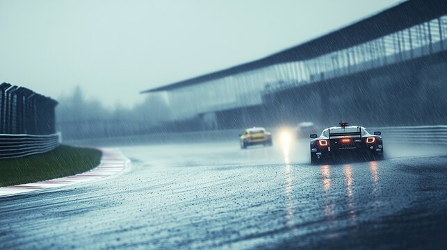 A race track under heavy rain, with safety cars ensuring the conditions are safe for racing.