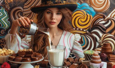 Young attractive woman in stylish clothes and sweets on a bright colored background. Candy bar. Woman with a sweet tooth. Chocolate factory. Confectioner. Art