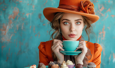 Young attractive woman in stylish clothes and sweets on a bright colored background. Candy bar. Woman with a sweet tooth. Chocolate factory. Confectioner. Art