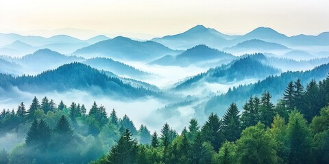 Obraz premium Misty Mountain Landscape with Lush Green Forest in Foreground