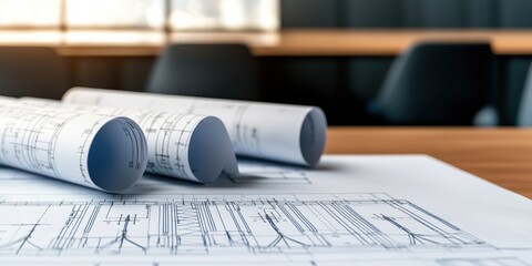 Architectural plans and rolled blueprints displayed on a table, showcasing detailed designs and measurements relevant to construction projects.