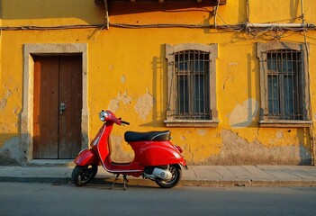 Bright red scooter parked in an urban street in front of a grungy old townhouse
