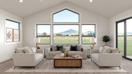 Fototapeta premium Modern Minimalist Living Room with Mountain View Large Windows