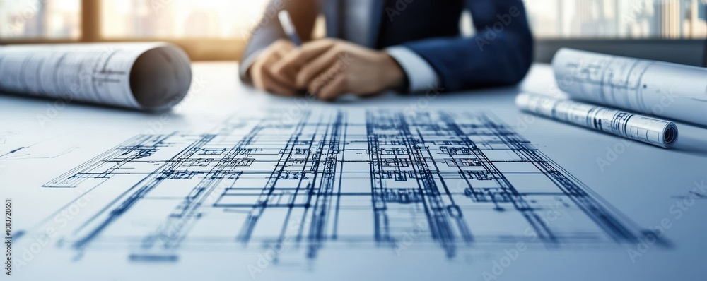 Poster a professional evaluating architectural blueprints with a focused expression in a well-lit environme