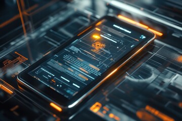 Obraz premium Here's a description and keywords for your image.. Futuristic smartphone displaying digital data on a technological background.