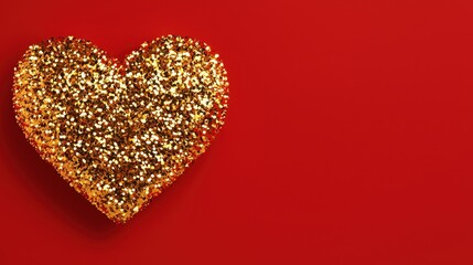 Golden Glitter Heart on Red Background Valentines Day Banner