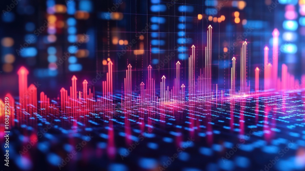 Aufkleber upward trending neon lines and arrows on a digital display