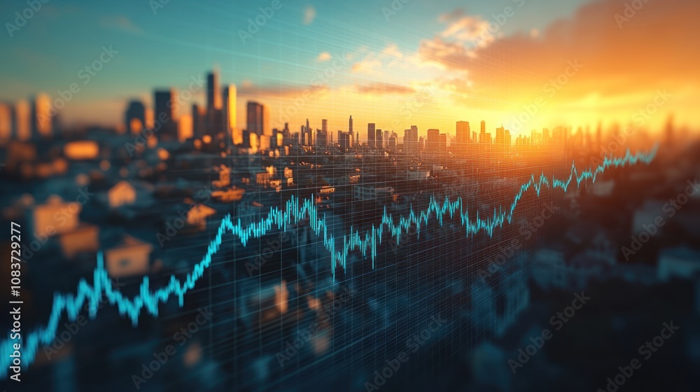Poster skyline with a rising blue line graph and an orange sunset in the background