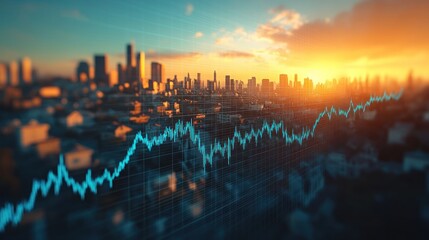 Fototapeta premium Skyline with a rising blue line graph and an orange sunset in the background