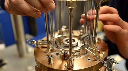 Satellite assembly process in high-tech facility. Precision engineering and advanced technology for space exploration and communication.