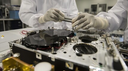 Obraz premium Satellite assembly process in high-tech facility. Precision engineering and advanced technology for space exploration and communication.