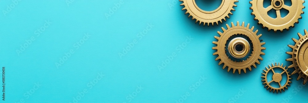 Poster A collection of golden gears and a microprocessor displayed on a turquoise surface highlights engineering and design elements. Generative AI