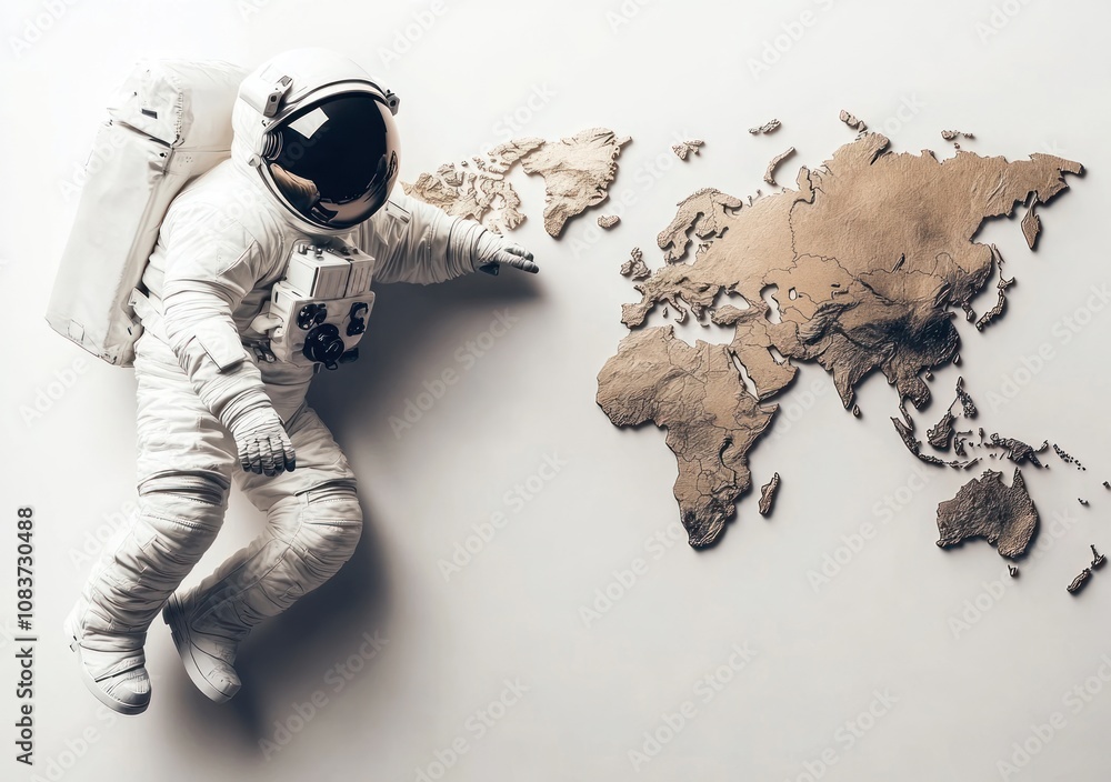Poster an astronaut points at a wooden world map, blending space exploration with global awareness.