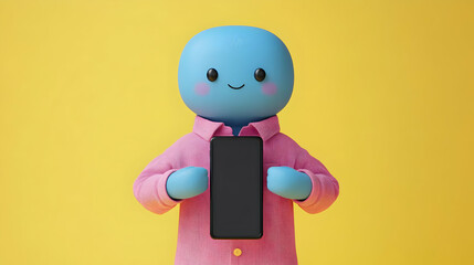 3D Illustration: Happy Cartoon Character Holding Smartphone