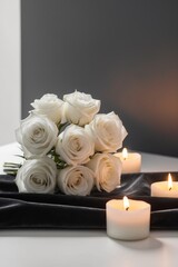 Obraz premium Bouquet of white roses lying on a dark background near burning candles is a concept for a funeral card.