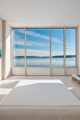 A bedroom with a large window overlooking a body of water.