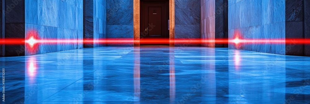 Aufkleber in a dimly lit corridor, red laser beams crisscross the floor, creating an intricate security system