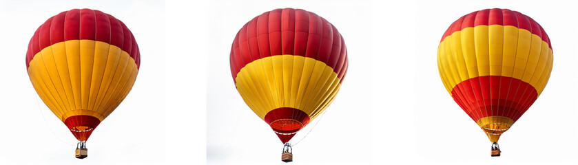 Naklejka premium Three hot air balloons, red and yellow, in a row against a white background.