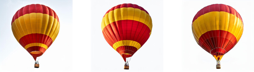 Naklejka premium Three red and yellow hot air balloons against a white sky.