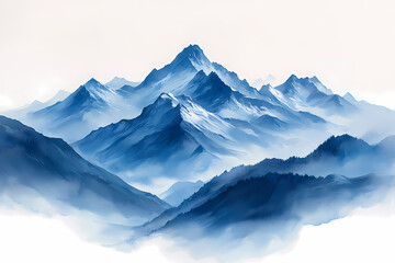 Fototapeta premium Matte Painting gouache in blue and grey colours, painting on white background of mountains in early modern impressionism