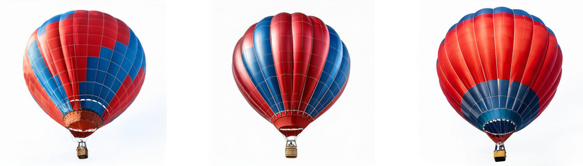 Fototapeta premium Three hot air balloons with red and blue patterns against a white background.