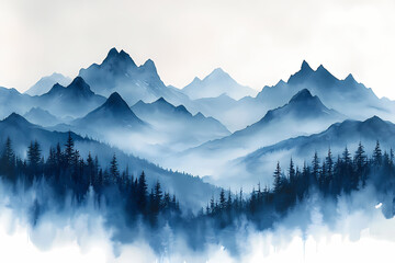 Obraz premium Matte Painting gouache in blue and grey colours, painting on white background of mountains in early modern impressionism