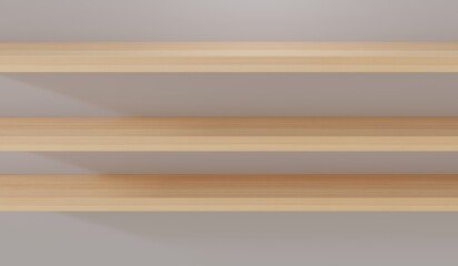 Three empty wooden wall shelves. Realistic 3D render in high resolution.